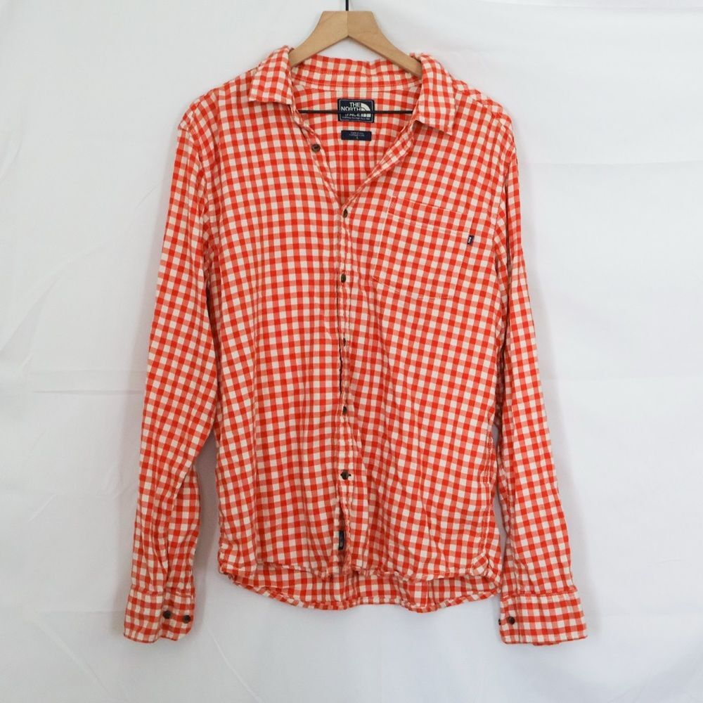 The North Face Men's Orange and White Gingham Button Down Shirt - Large